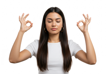 A young woman with eyes closed and fingers in a mudra gesture meditates peacefully isolated on transparent background