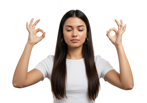 A young woman with eyes closed and fingers in a mudra gesture meditates peacefully isolated on transparent background