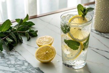 Refreshing lemonade drink with mint leaves and lemon slices on a marble table