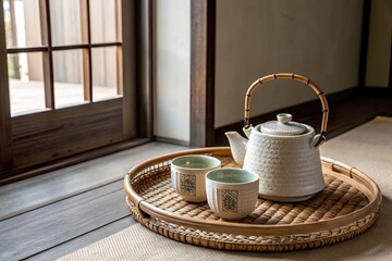 Serene Japanese tea set on a woven tray, with natural light streaming through a wooden door