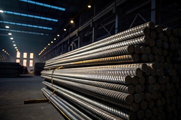 Stacked steel rods in a dimly lit warehouse with shafts of light illuminating the space