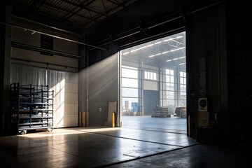 Sunlight streaming through a warehouse door illuminating the interior with storage shelves
