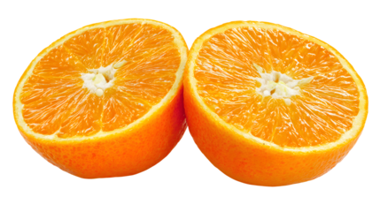 Two orange halves show juicy segments and vibrant color isolated on transparent background