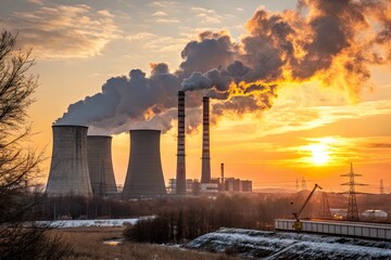 Sunset over industrial power plant with cooling towers and smoke, showcasing energy production
