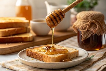 Toast with honey drizzling on top, surrounded by jars and kitchen items in a cozy setting