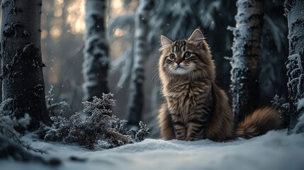 Snowy forest cat watching in winter wonderland nature scene serene environment captivating perspective