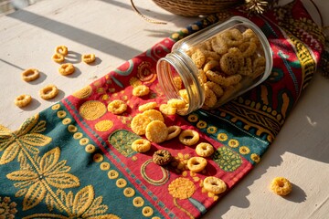A jar of colorful snacks spilled on a vibrant patterned fabric with a rustic background