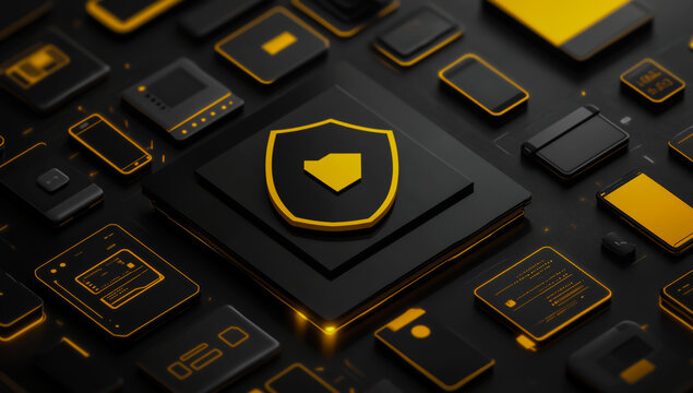 A black and yellow security shield icon, surrounded by smaller icons depicting various mobile devices such as smartphones, tablets, and handheld gadgets, symbolizes digital security and mobile safety. - Powered by Adobe
