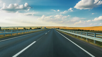 Open highway stretching towards horizon under blue sky