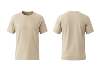 Two identical light beige oversized short-sleeved cotton t-shirts, one front view and one back view, laid flat on a transparent background with ample copy space under bright studio lighting,