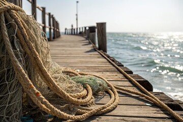 A serene view of a wooden pier with tangled fishing ropes by the shimmering sea under sunlight