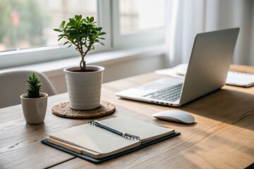 A serene workspace featuring a laptop, notebook, and potted plants by a sunlit window