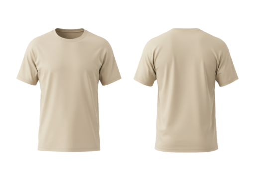 Two identical light beige oversized short-sleeved cotton t-shirts, one front view and one back view, laid flat on a transparent background with ample copy space under bright studio lighting,