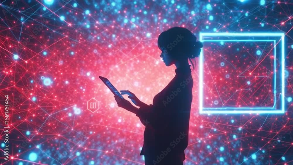 Poster silhouette of a woman using a tablet amid a digital network with glowing data points and connections