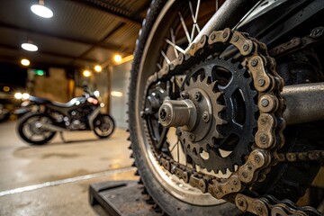 Close-up of a motorcycle chain and gears in a dimly lit garage with another bike in the background