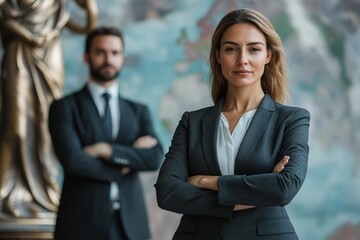 Confident professionals in formal wear pose together in an office during a meeting