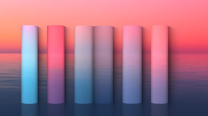 Obraz premium Abstract Gradient Cylinder Shapes Reflecting Ocean with Vibrant Sky Backdrop Scene