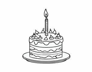 continuous single line drawing of birthday cake with candle on top, line art vector illustration