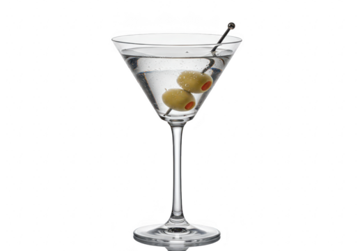 A classic martini cocktail with two olives on a pick, in a martini glass, isolated on a transparent background