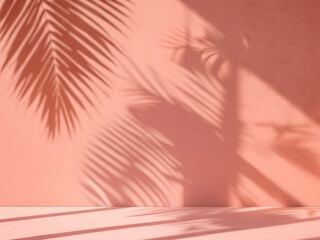 トロピカルなヤシの葉（パームリーフ）の影が映るピンクの抽象背景 - 商品展示、コスメ、サマープロモーションのプレゼンテーション用ミニマルな舞台