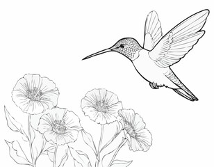 continuous single line drawing of hummingbird hovering while feeding at flower, line art vector illustration