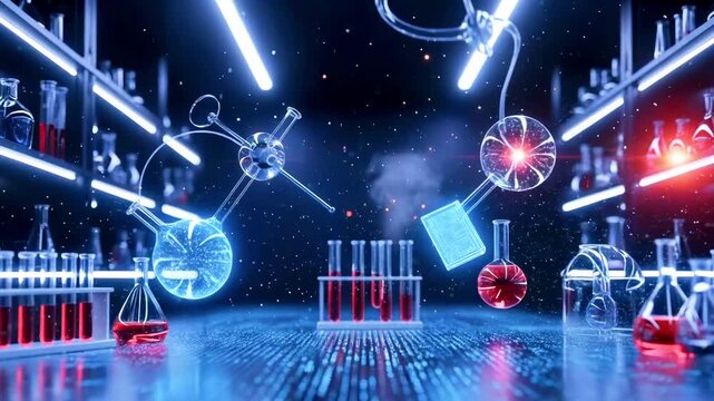 Futuristic laboratory scene with glowing glassware and colorful liquids, showcasing scientific experimentation