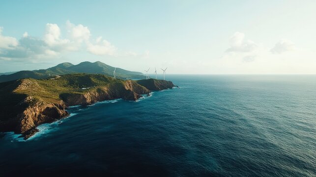 Coastal wind turbines on a sunny day.