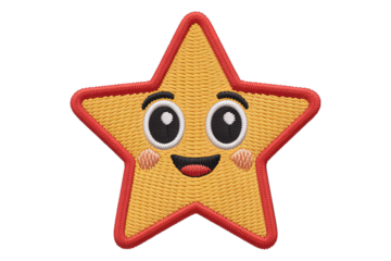 Happy embroidered star with rosy cheeks yellow black