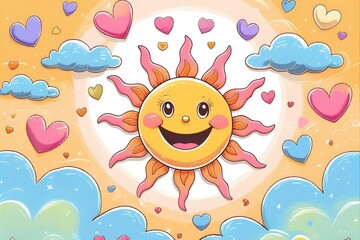 Cute and simple background with a happy smiling sun character. A cheerful and positive doodle illustration for a bright, summer-themed design for children