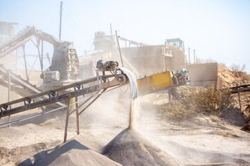Crushing stones in a quarry for processing minerals, cement, limestone. Distribution and Screening...