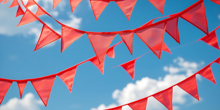 Festive Red Bunting Strung Diagonally Across Cloudy Sky

