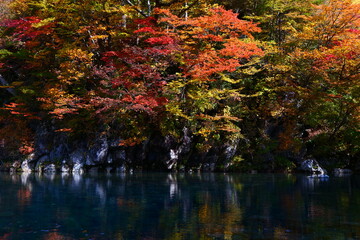 法体の滝の紅葉。由利本荘、秋田、日本。10月下旬。
