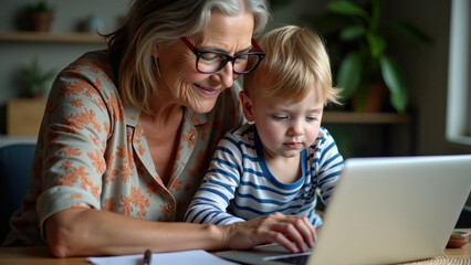 Grandmother and grandson (granddaughter) use a laptop to perform homework