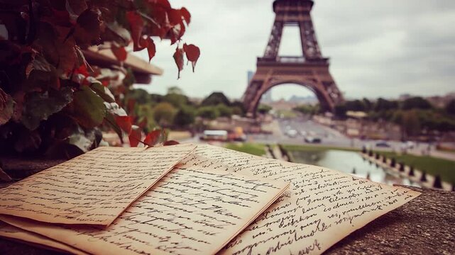Writing heartfelt letters with the Eiffel Tower in the background on a cloudy day in Paris