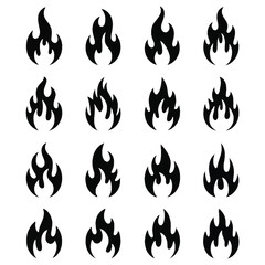 Sixteen black flame icons arranged in a four by four grid on a white background fire symbol