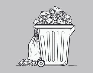 continuous single line drawing of trash can overflowing with trash bags, line art vector illustration