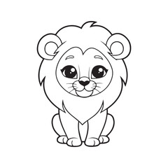 Cute lion cub coloring page for kids. Adorable cartoon safari animal sitting. Black and white line art illustration for children's activity book.