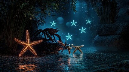 Crab encounter amidst glowing starfish in a mystical underwater scene ocean depths digital art dark blue environment close-up view marine life