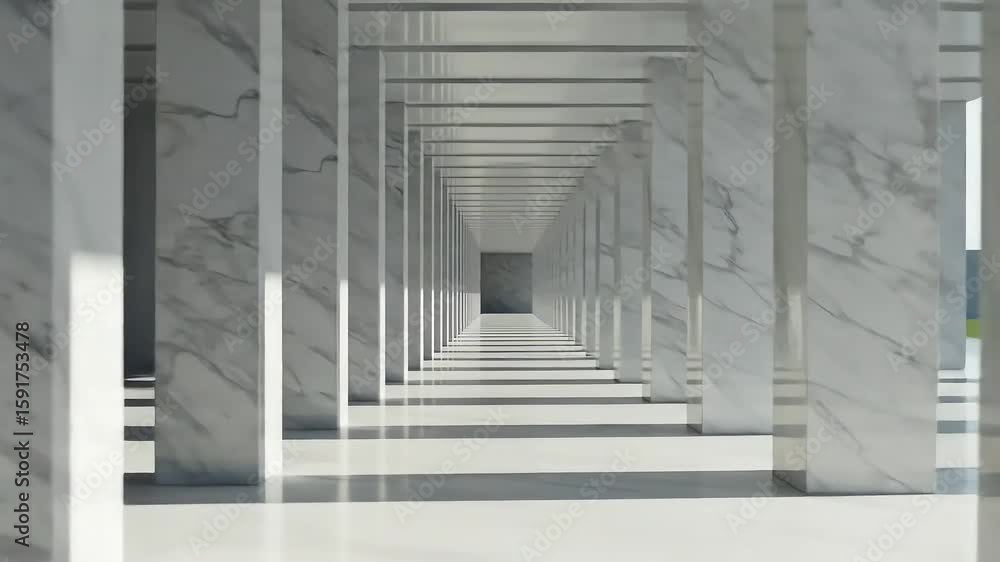 Poster modern architectural structure featuring marble columns and a vast open space with natural light