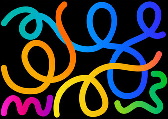 Scribble Abstract Color Line collection. Gradient waves, rainbow ribbons on black background. For textiles, fabrics, wallpaper, backdrop, paper. Vector illustration
