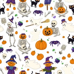 halloween seamless background with scarecrow, skeleton, pumpkin and ghost