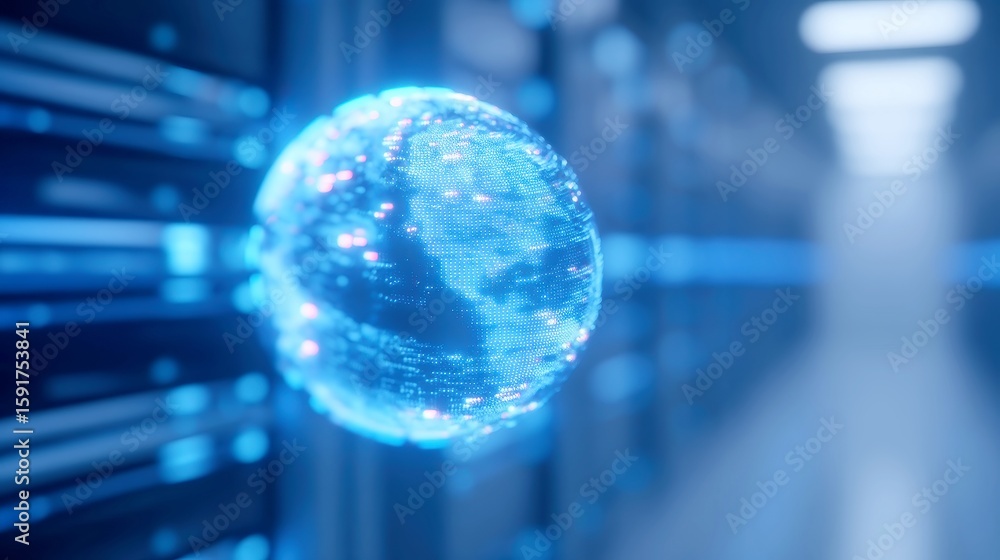 Poster holographic earth in server hub, dynamic global streaming icons orbiting a vibrant 3d representation
