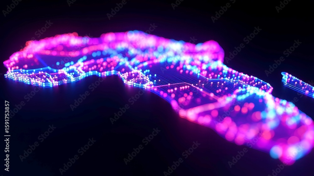 Poster global data flow, vibrant abstract visualization of interconnected continents, glowing data trails, 