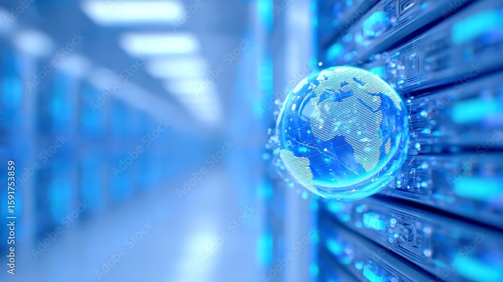 Aufkleber holographic earth in server hub, a vibrant 3d representation of the planet surrounded by global stre