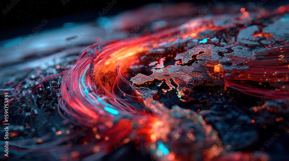 Poster global data flow, vibrant 3d visualization of international data exchange, luminous pathways intertw