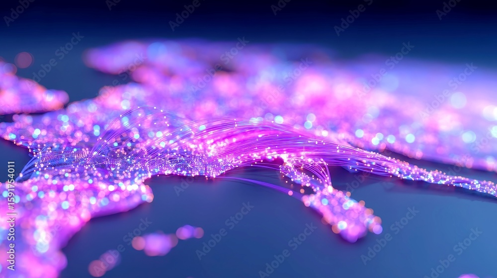 Poster digital network landscape, expansive cyber infrastructure illustrated on a vibrant map, illuminated 
