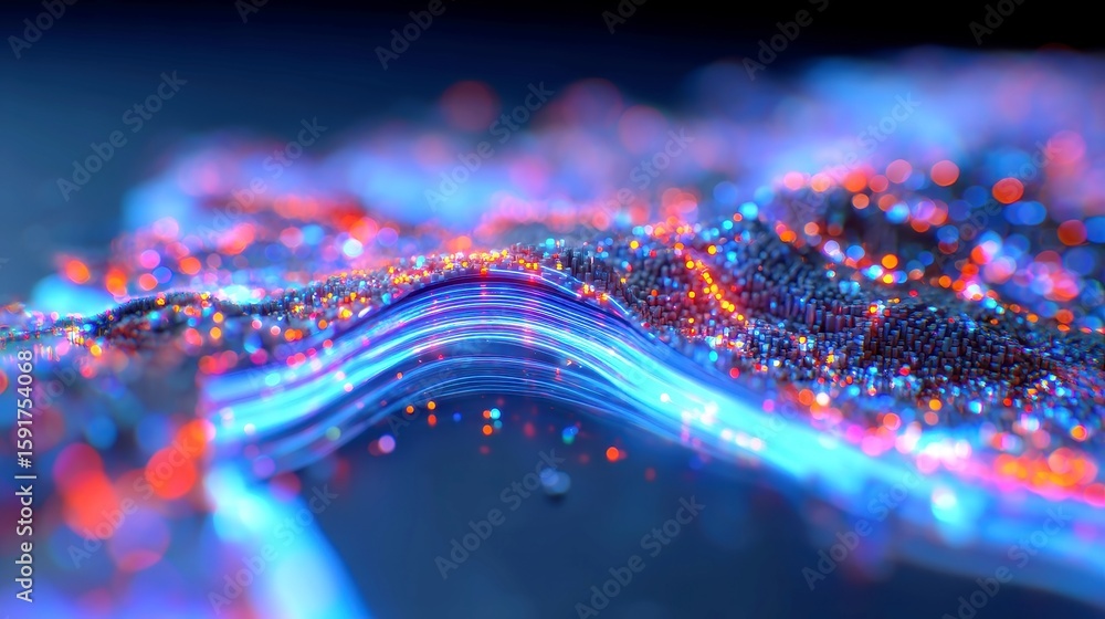 Poster digital network mapping, a vibrant cyber infrastructure displayed on a digital map, illuminated fibe