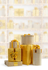 Golden gift boxes for holidays, birthday, promotions, christmas, new year, wedding. Elegant luxury...