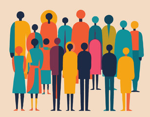 An abstract painting showcases a group of diverse, colorful, and indistinct figures standing together, representing unity, diversity, and shared human experience in a vibrant artistic style.