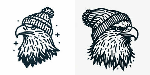 Fototapeta premium A Bald Eagle wear Beanie hat. Minimal Cartoon Animal Clipart Silhouette Vector Line Art Illustration. North american bird with cap knitted head covering apparel picture.
